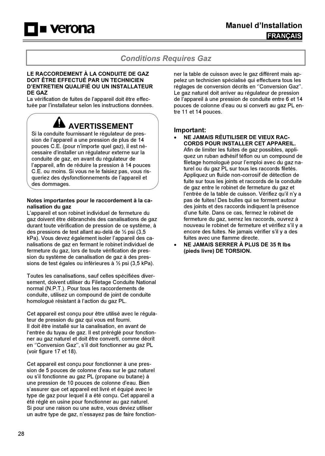 Verona VECTGMS365SS Conditions Requires Gaz, Notes importantes pour le raccordement à la ca- nalisation du gaz, Français 