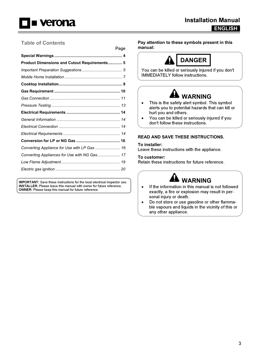 Verona VECTGMS304SS Installation Manual, Danger, English, Pay attention to these symbols present in this manual, Page 