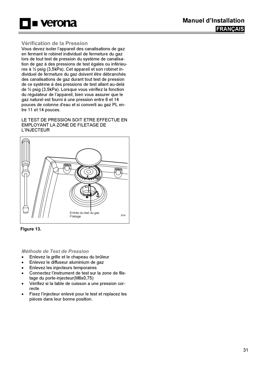 Verona VECTGMS304SS manual Vérification de la Pression, Méthode de Test de Pression, Manuel d’Installation, Français 