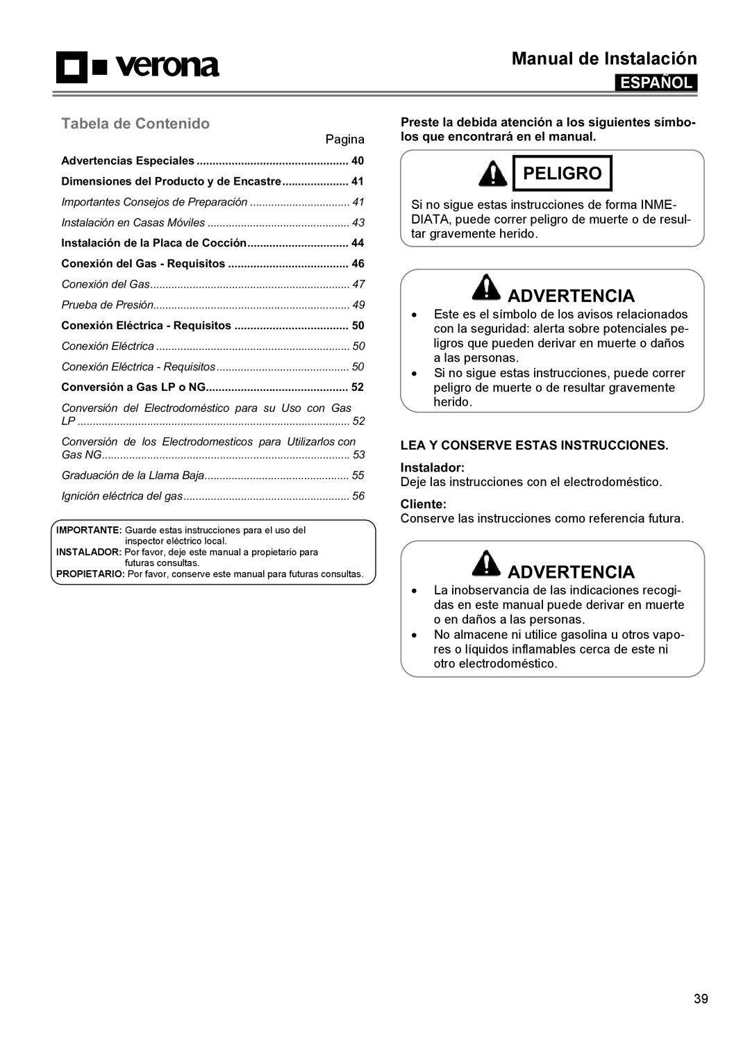 Verona VECTGMS304SS manual Manual de Instalación, Peligro, Advertencia, Español, Tabela de Contenido, Pagina, Cliente 