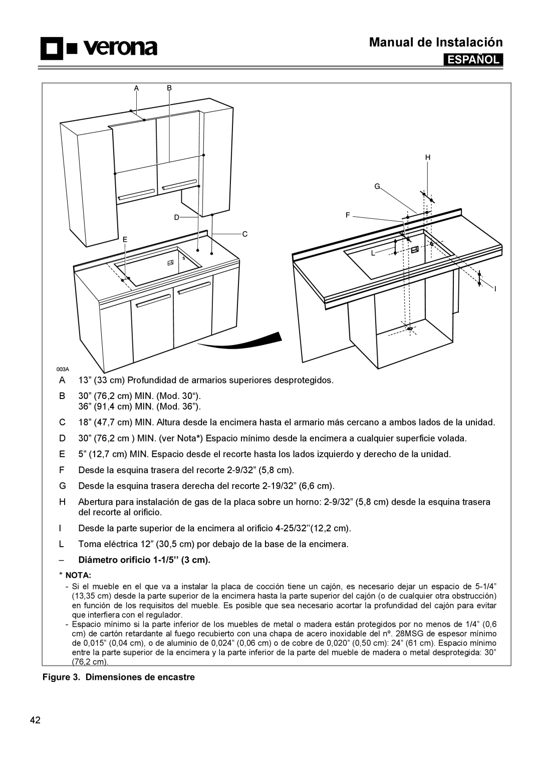 Verona VECTGMS365SS manual Diámetro orificio 1-1/5’’ 3 cm, Dimensiones de encastre, Manual de Instalación, Español, Nota 