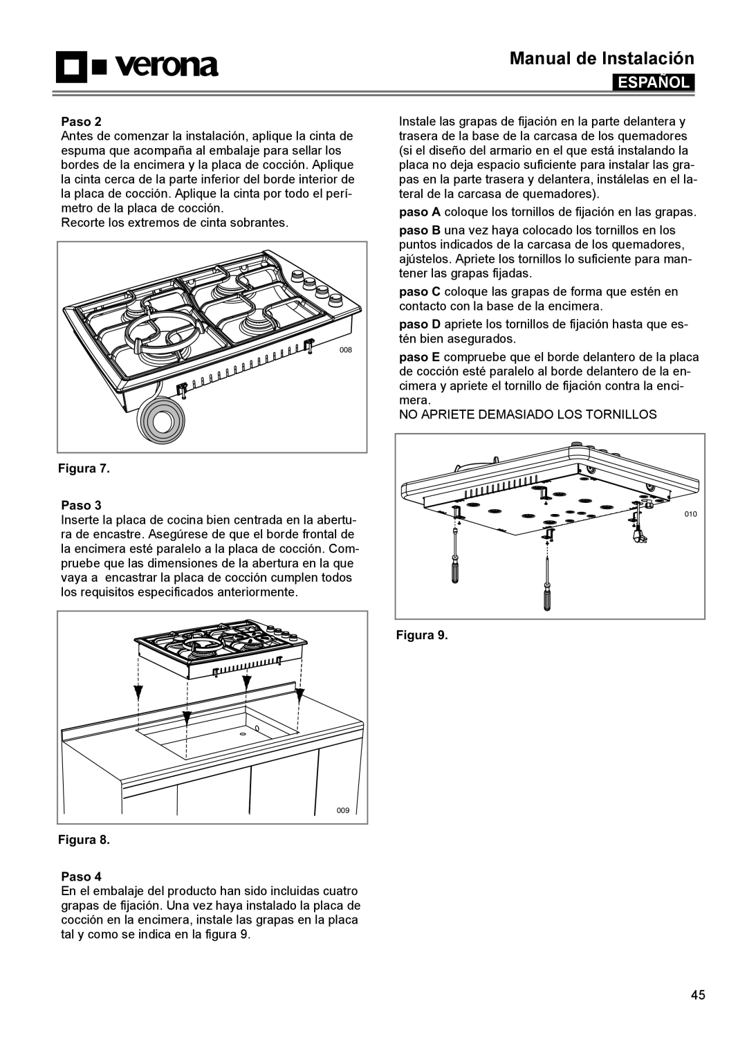 Verona VECTGMS304SS, VECTGMS365SS manual Figura Paso, Manual de Instalación, Español 