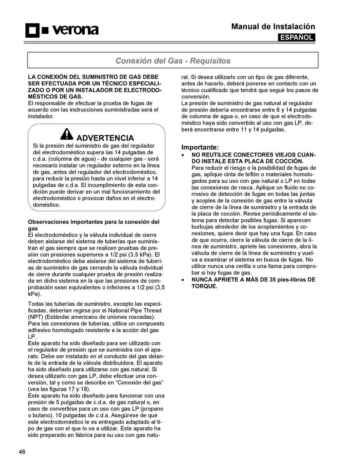 Verona VECTGMS365SS manual Conexión del Gas - Requisitos, Observaciones importantes para la conexión del gas, Advertencia 