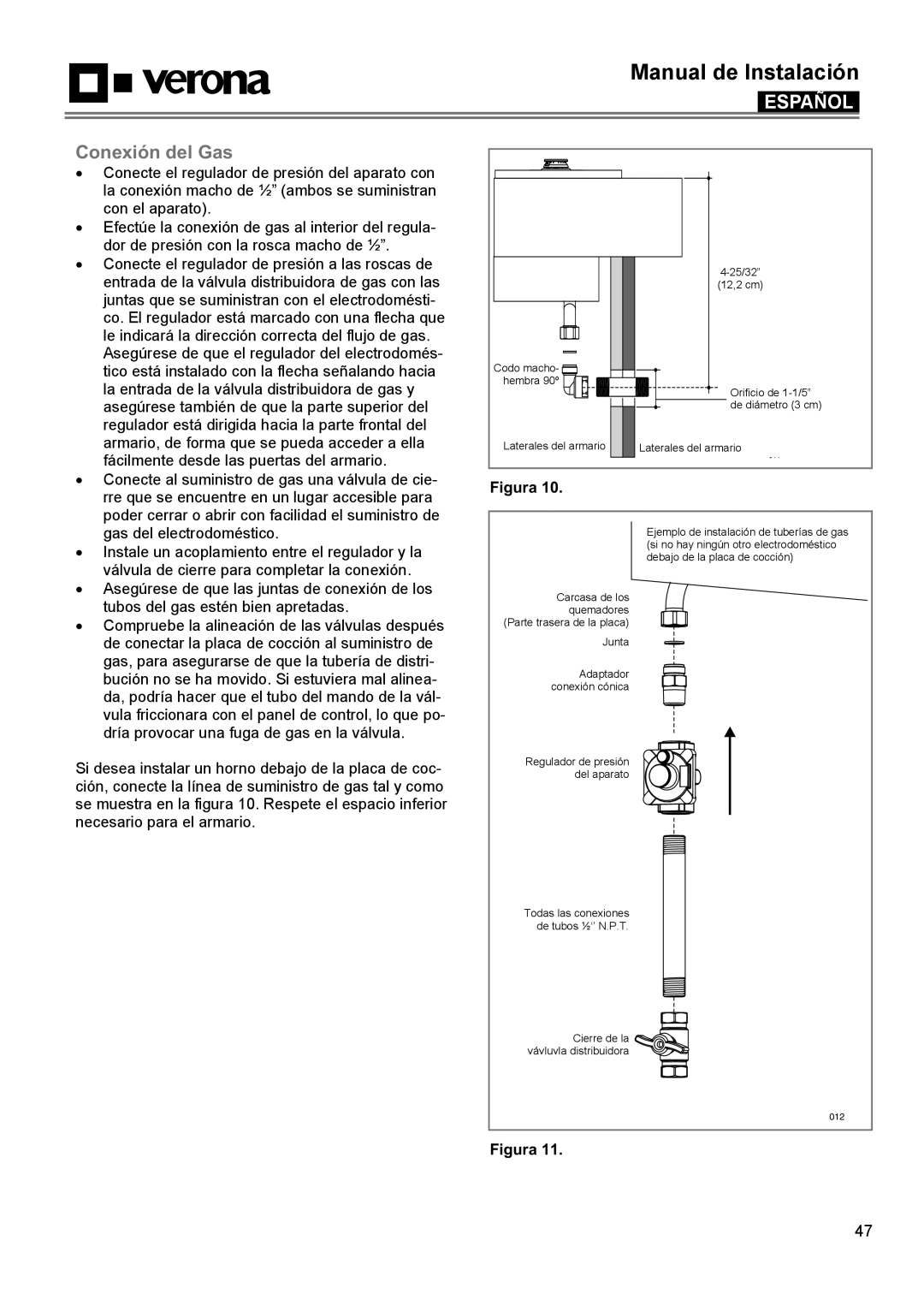 Verona VECTGMS304SS, VECTGMS365SS manual Conexión del Gas, Manual de Instalación, Español, Figura 