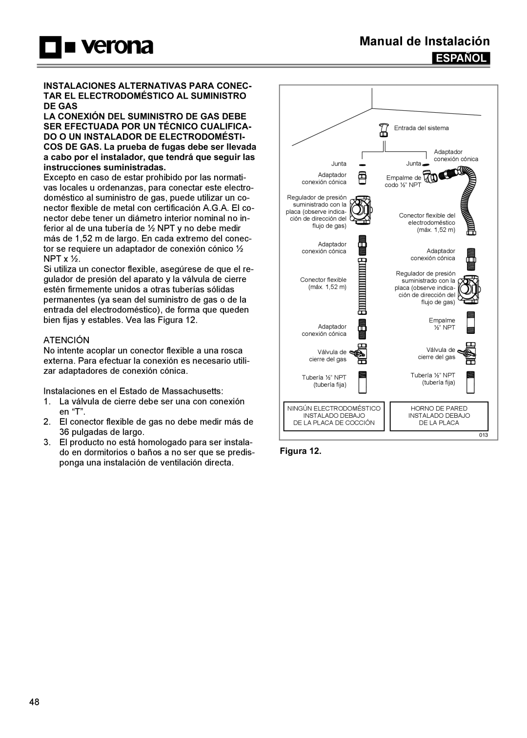 Verona VECTGMS365SS manual Instalaciones Alternativas Para Conec, Tar El Electrodoméstico Al Suministro, De Gas, Español 