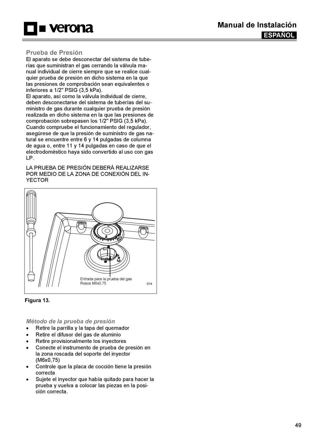 Verona VECTGMS304SS manual Prueba de Presión, Método de la prueba de presión, Manual de Instalación, Español, Figura 