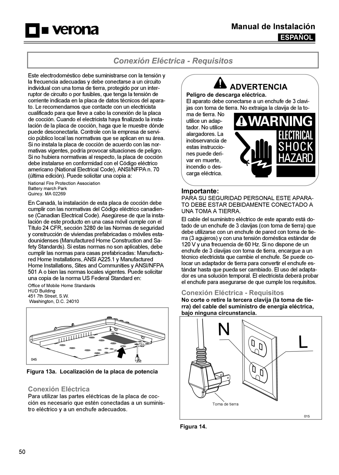 Verona VECTGMS365SS manual Conexión Eléctrica - Requisitos, Figura 13a. Localización de la placa de potencia, Advertencia 