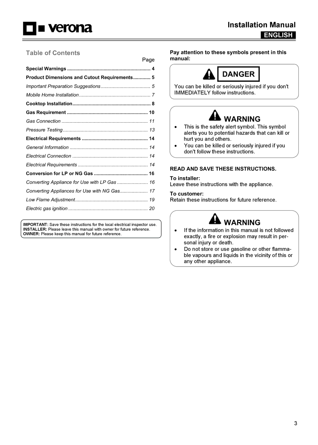 Verona VECTGV304SS, VECTGV365SS manual Installation Manual 