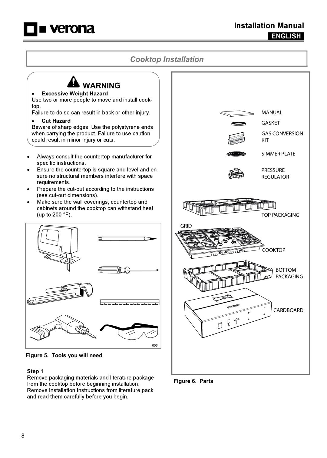 Verona VECTGV365SS, VECTGV304SS manual Cooktop Installation, Excessive Weight Hazard, Cut Hazard, Parts 
