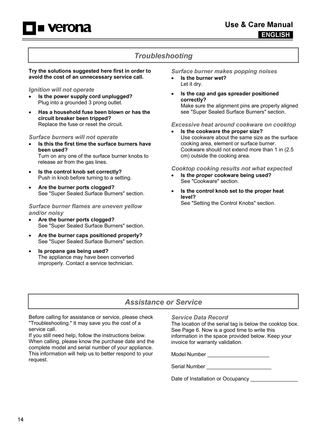 Verona VECTGV365SS, VECTGV304SS manual Troubleshooting, Assistance or Service 