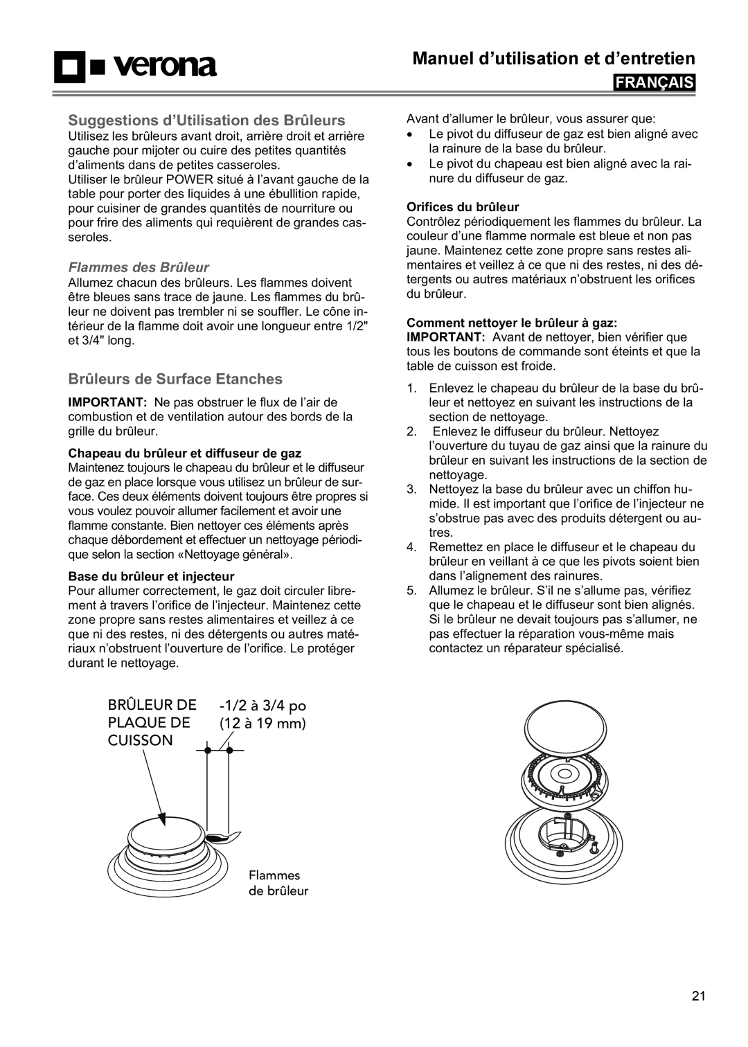 Verona VECTGV304SS, VECTGV365SS Suggestions d’Utilisation des Brûleurs, Brûleurs de Surface Etanches, Flammes des Brûleur 