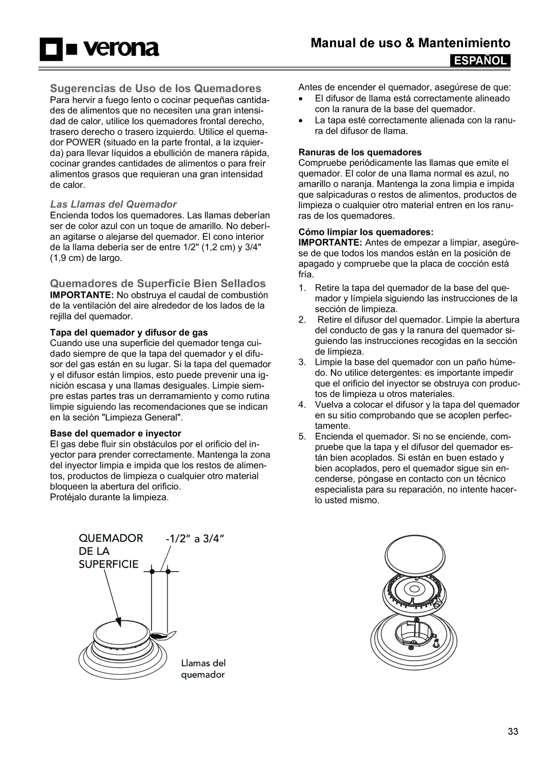 Verona VECTGV304SS Sugerencias de Uso de los Quemadores, Quemadores de Superficie Bien Sellados, Las Llamas del Quemador 