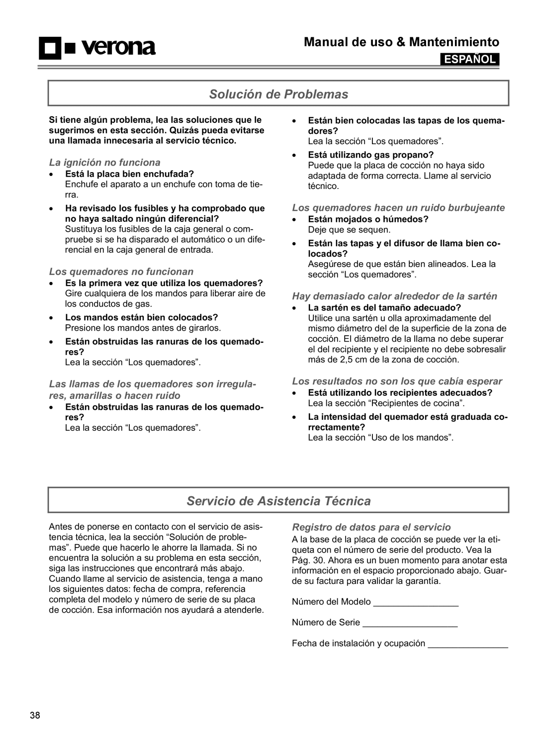 Verona VECTGV365SS, VECTGV304SS manual Solución de Problemas, Servicio de Asistencia Técnica 