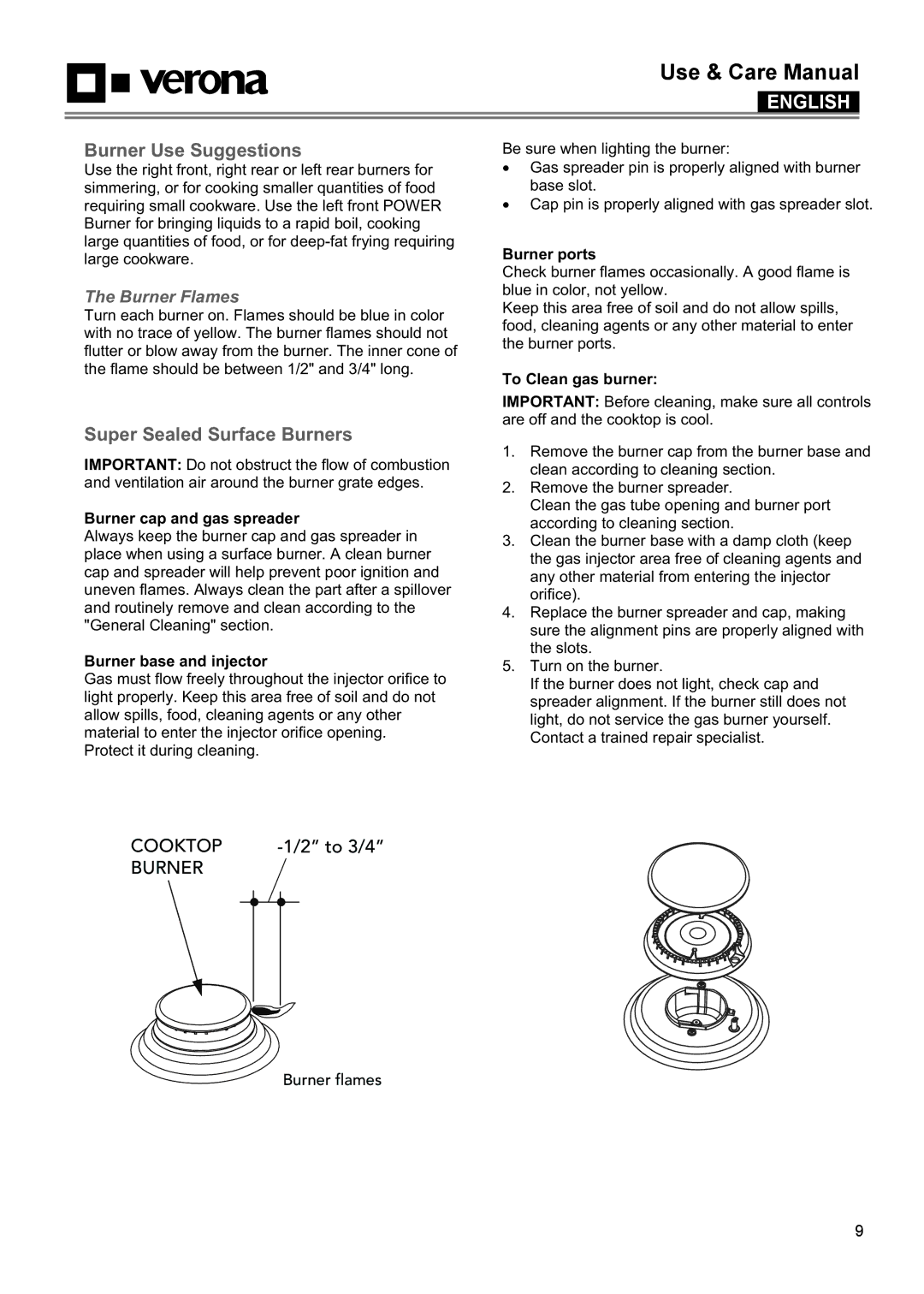 Verona VECTGV304SS, VECTGV365SS manual Burner Use Suggestions, Super Sealed Surface Burners, Burner Flames 