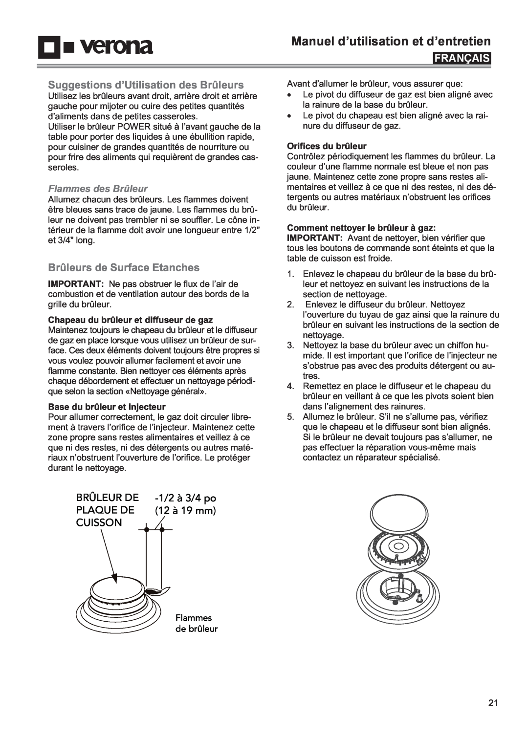 Verona VECTGV304SS Suggestions d’Utilisation des Brûleurs, Brûleurs de Surface Etanches, Brûleur De, 1/2 à 3/4 po, Cuisson 