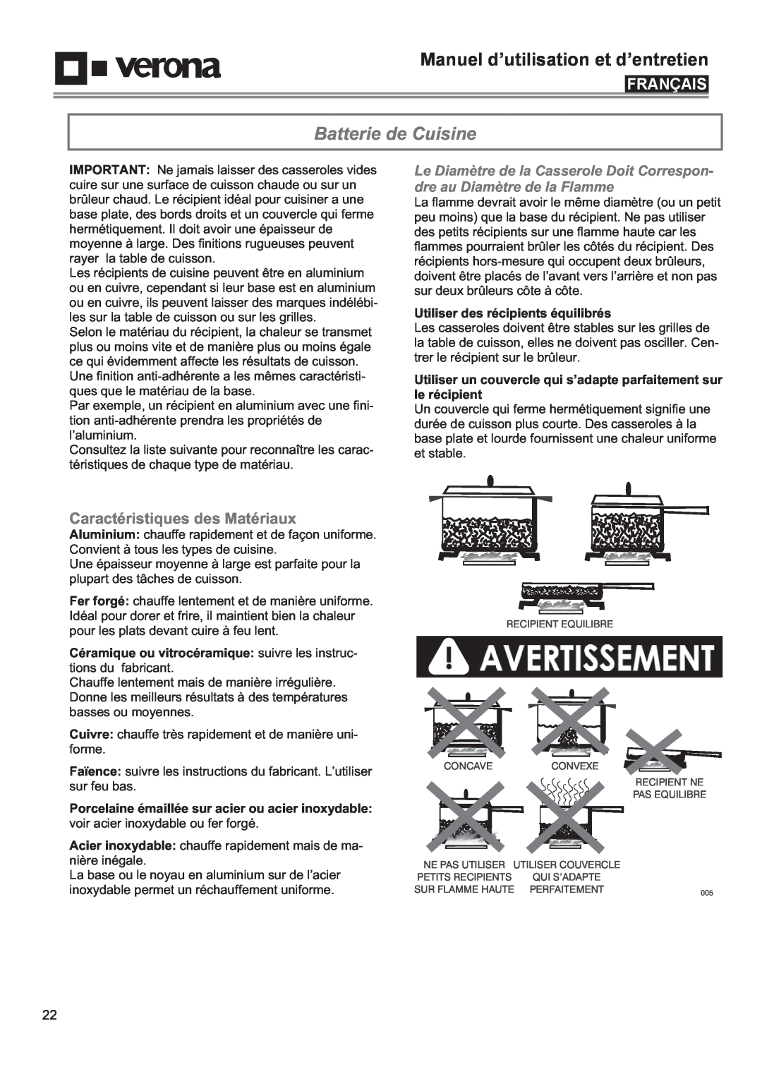 Verona VECTGV365SS manual Batterie de Cuisine, Caractéristiques des Matériaux, Utiliser des récipients équilibrés, Français 