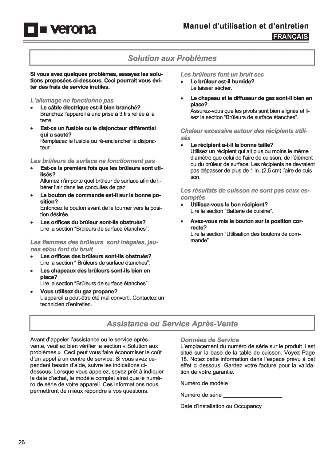 Verona VECTGV365SS manual Solution aux Problèmes, Assistance ou Service Après-Vente, L’allumage ne fonctionne pas, Français 