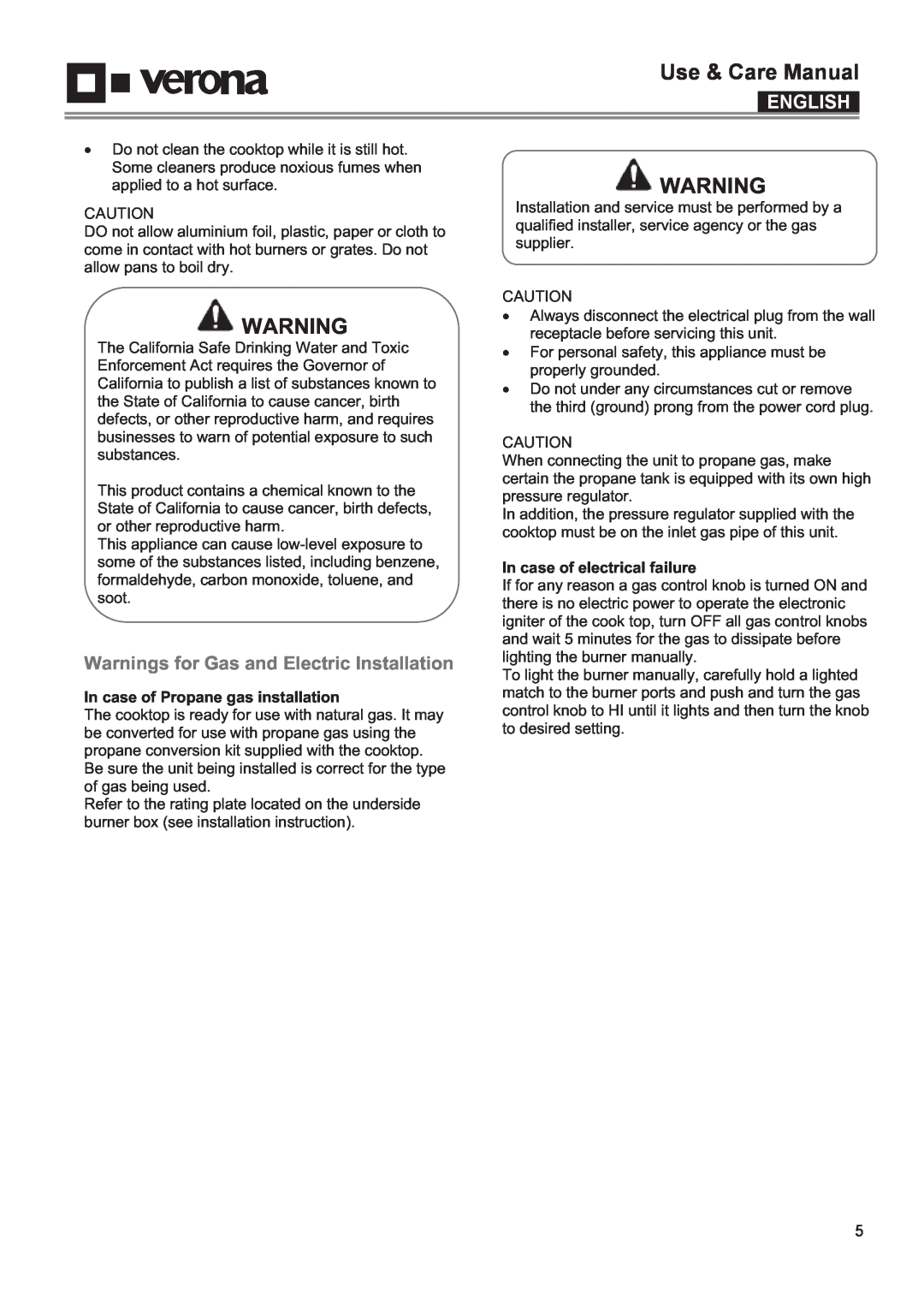Verona VECTGV304SS Warnings for Gas and Electric Installation, In case of Propane gas installation, Use & Care Manual 