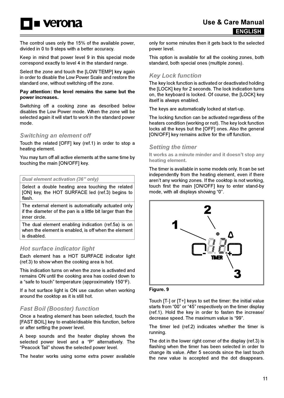 Verona VECTIM365 Switching an element off, Hot surface indicator light, Fast Boil Booster function, Key Lock function 