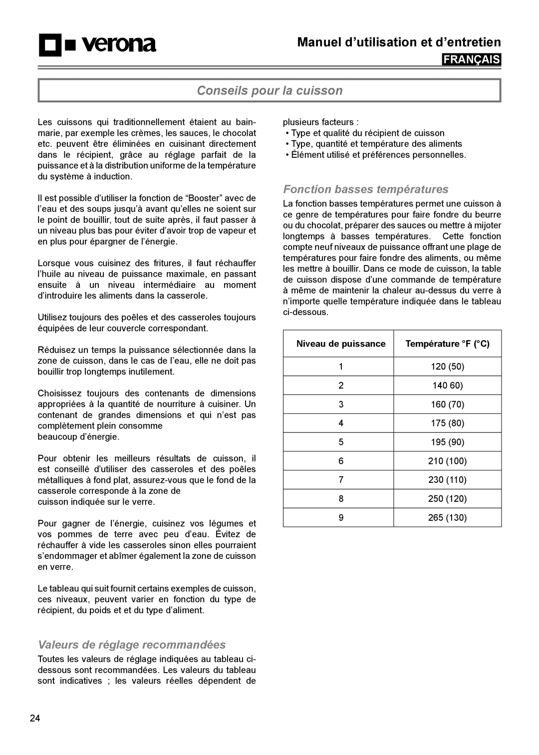 Verona VECTIM304, VECTIM365 manual Conseils pour la cuisson, Valeurs de réglage recommandées, Fonction basses températures 