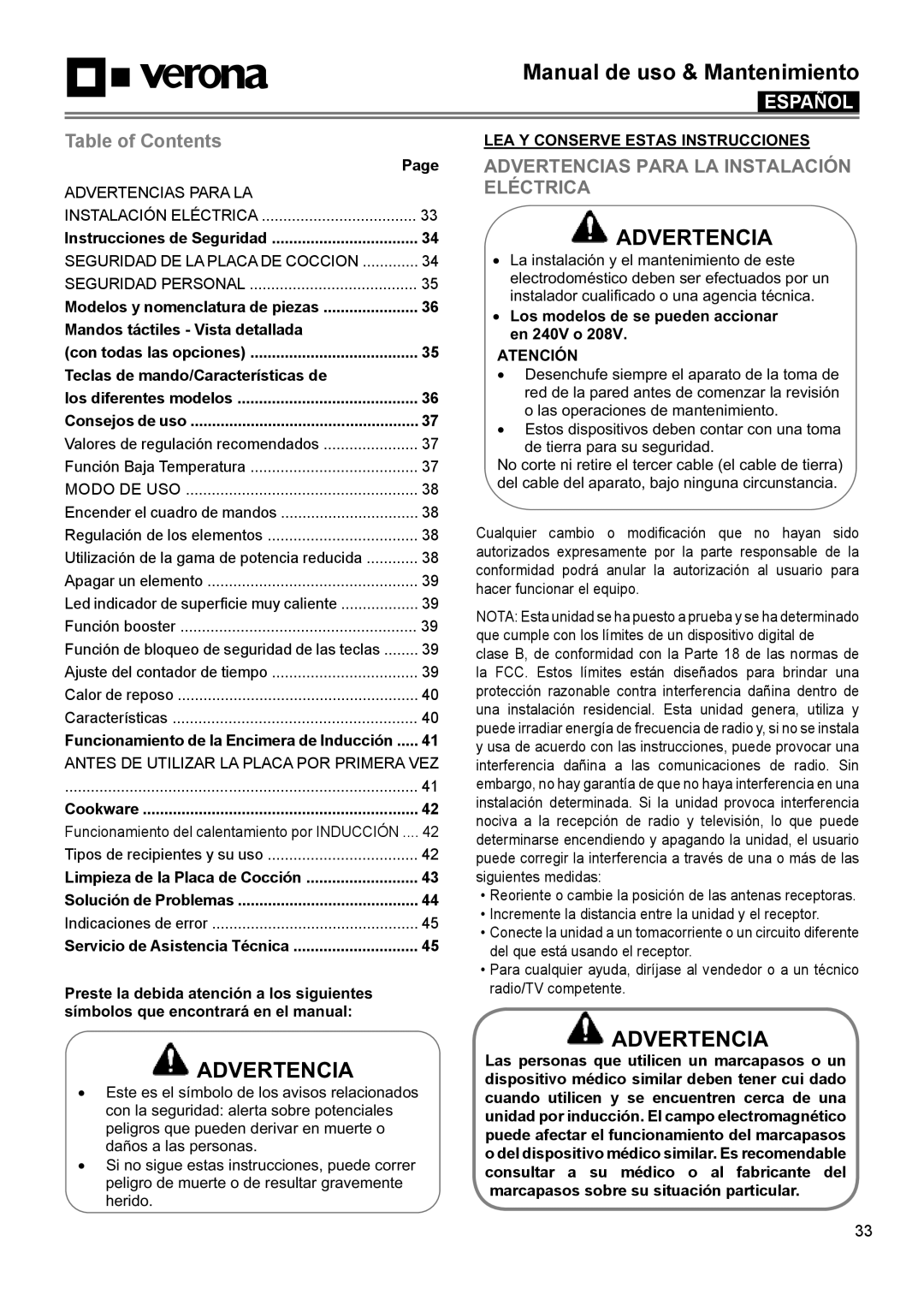 Verona VECTIM365, VECTIM304 manual Advertencias Para LA Instalación, Eléctrica 