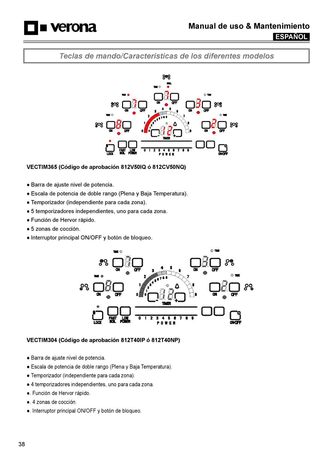 Verona VECTIM304, VECTIM365 manual Teclas de mando/Características de los diferentes modelos 