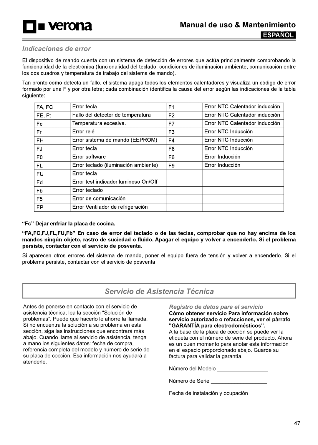 Verona VECTIM365, VECTIM304 manual Servicio de Asistencia Técnica, Indicaciones de error 