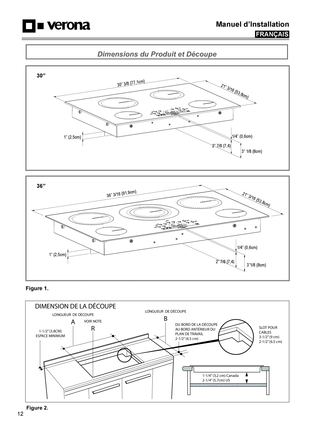 Verona VECTIM304 manual Dimension De La Découpe, Manuel d’Installation, Français, 53,8cm, 30’’, 36’’, 3/16, 1-1/2”3.8CM 