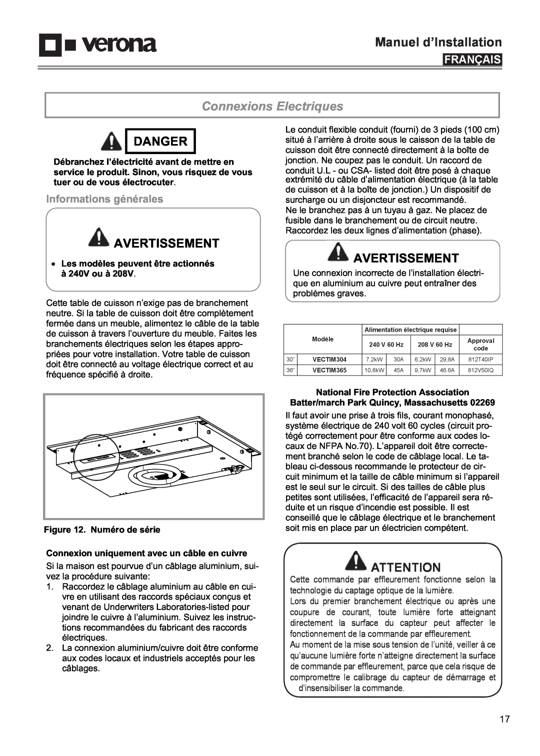 Verona VECTIM365 Connexions Electriques, Informations générales, Manuel d’Installation, Danger, Avertissement, Français 