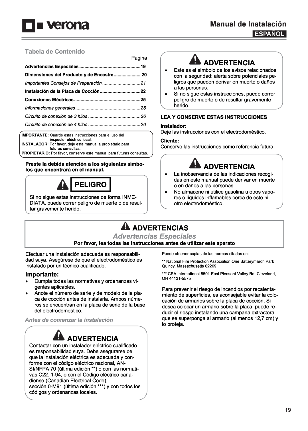 Verona VECTIM365 Manual de Instalación, Peligro, Advertencias Especiales, Español, Tabela de Contenido, Importante 