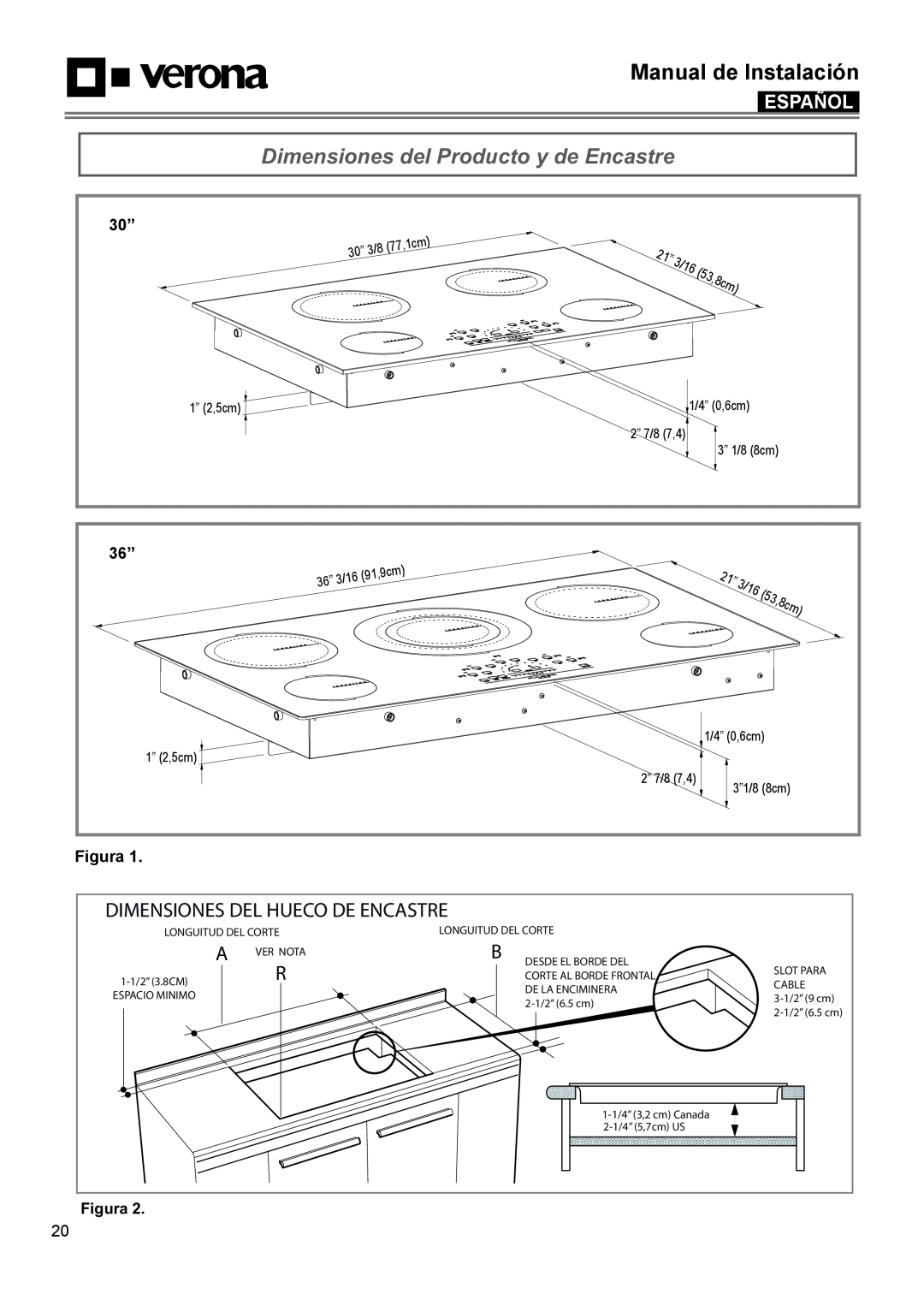 Verona VECTIM304 manual Dimensiones Del Hueco De Encastre, Figura, Manual de Instalación, Español, 53,8cm, 30’’, 36’’, 3/16 