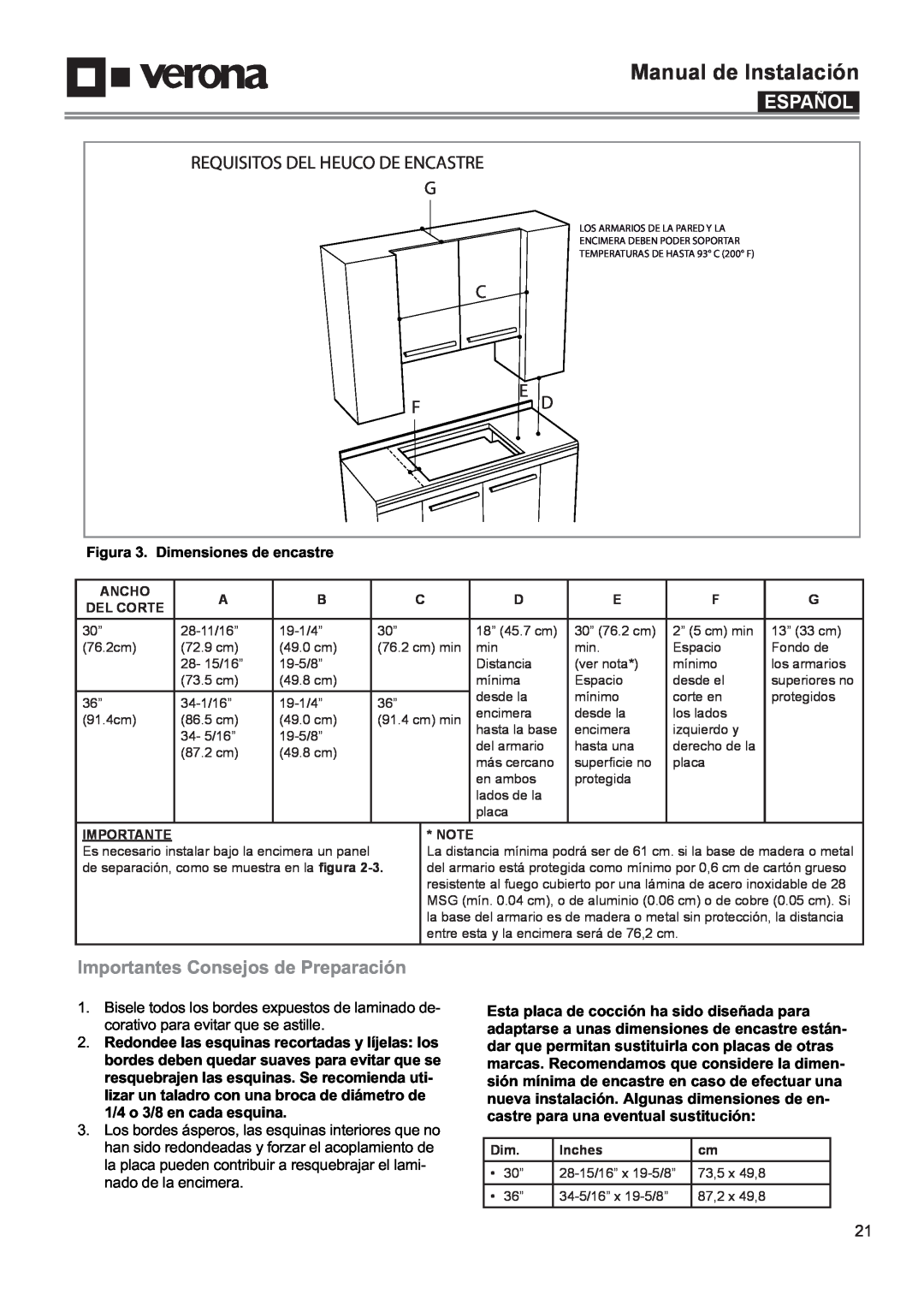 Verona VECTIM365 Requisitos Del Heuco De Encastre G, Importantes Consejos de Preparación, Manual de Instalación, Español 