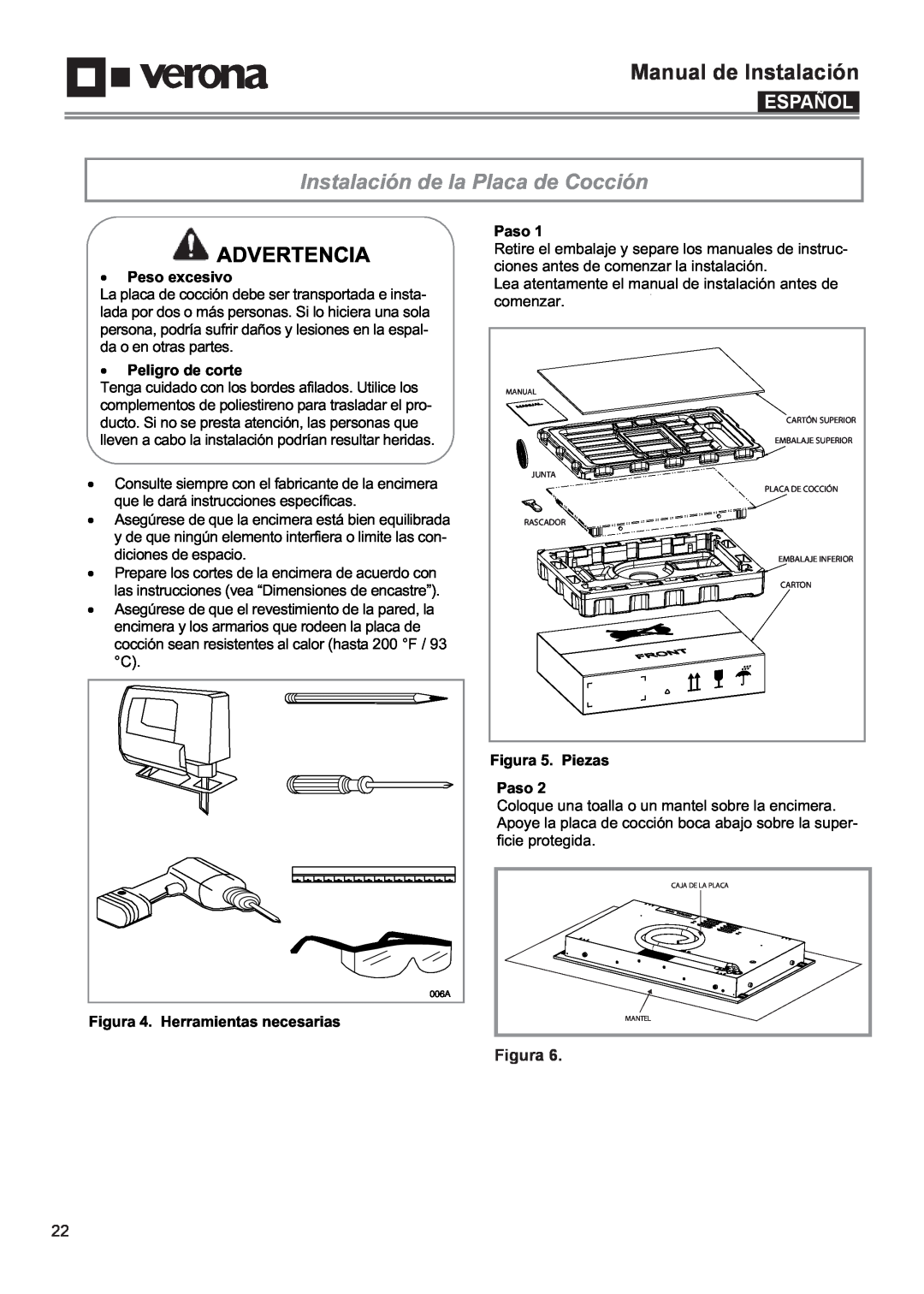Verona VECTIM304 Instalación de la Placa de Cocción, Manual de Instalación, Advertencia, Español, Figura, Peso excesivo 