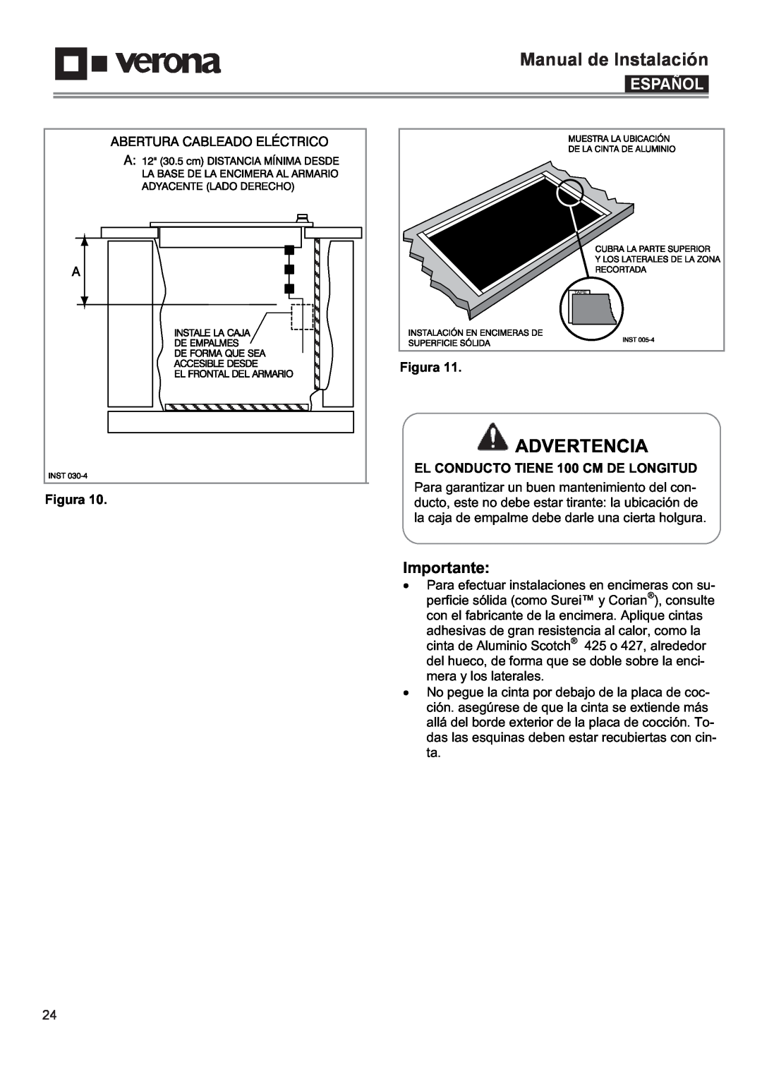 Verona VECTIM304 Advertencia, EL CONDUCTO TIENE 100 CM DE LONGITUD, Manual de Instalación, Importante, Español, Figura 