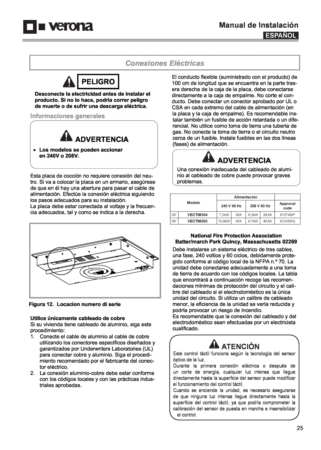 Verona VECTIM365 Conexiones Eléctricas, Atención, Informaciones generales, Manual de Instalación, Peligro, Advertencia 