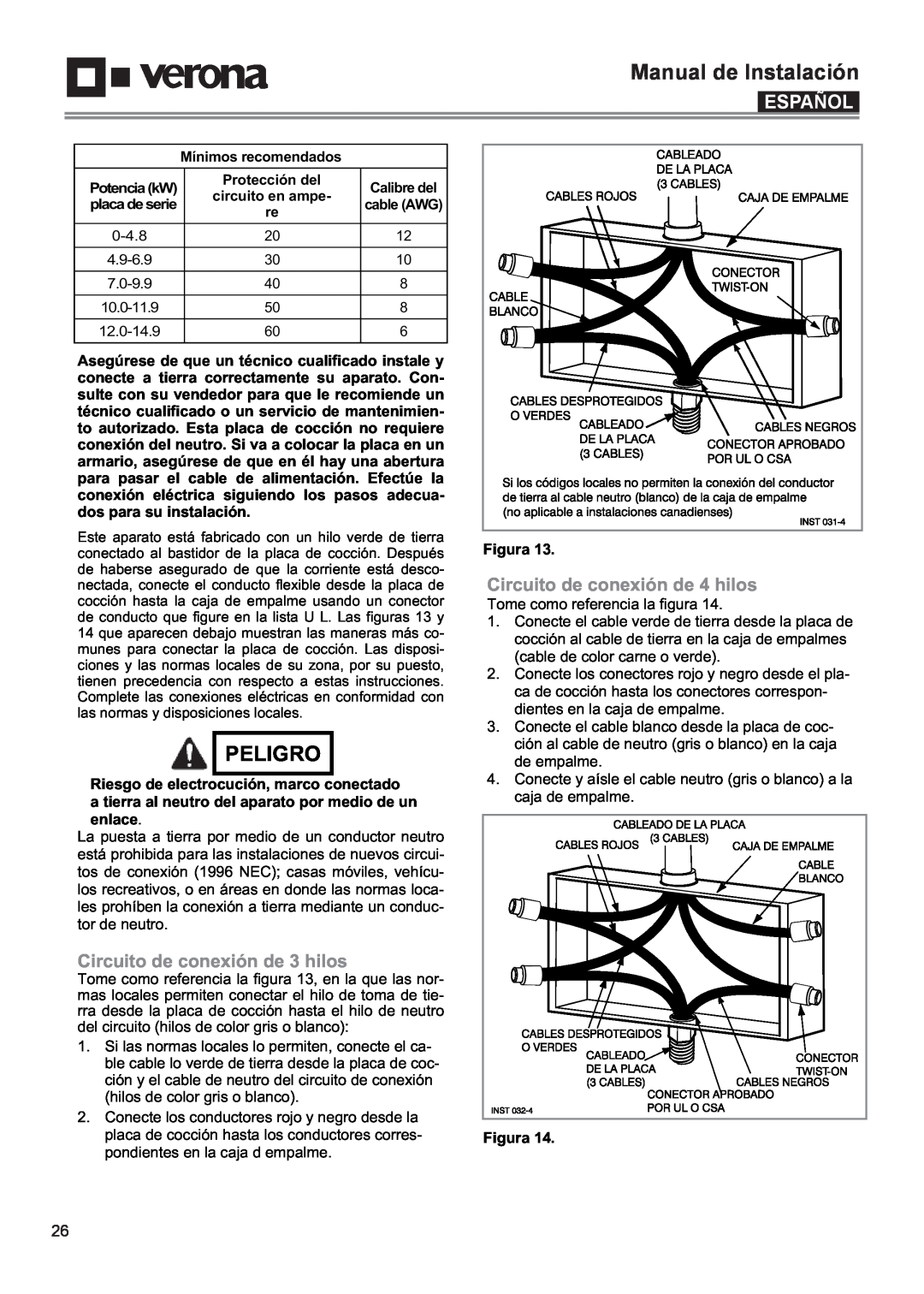 Verona VECTIM304 Manual de Instalación, Circuito de conexión de 4 hilos, Circuito de conexión de 3 hilos, Peligro, Español 