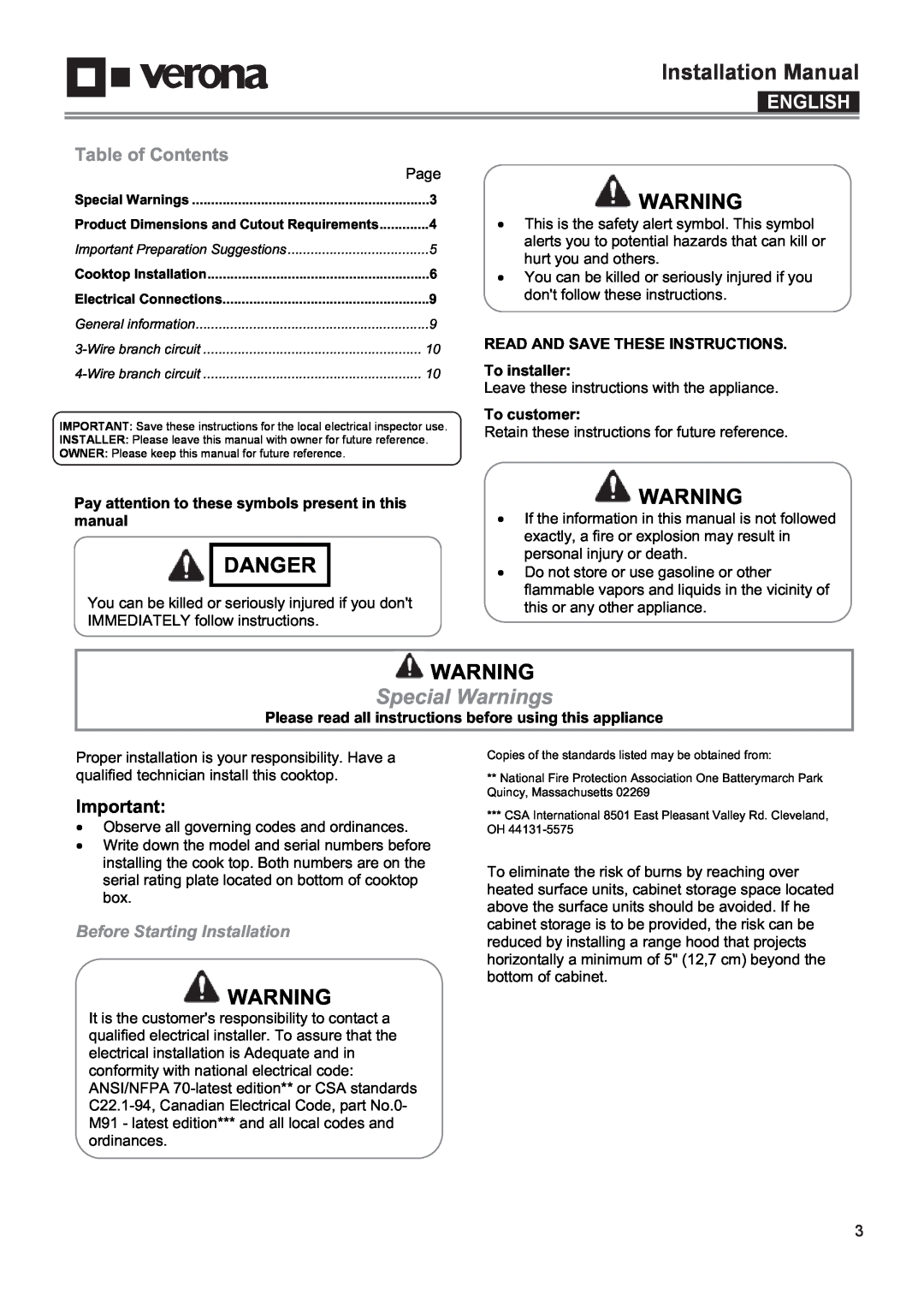 Verona VECTIM365 Installation Manual, Danger, Special Warnings, English, Table of Contents, Before Starting Installation 