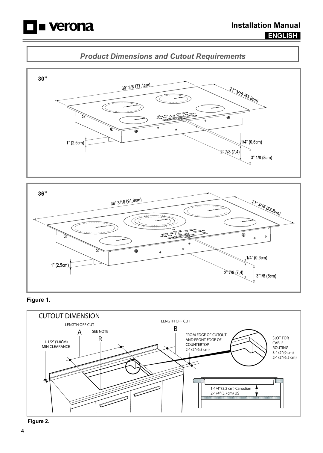 Verona VECTIM304 Cutout Dimension, 53,8cm, 30’’, 36’’, Installation Manual, English, 3/16, 1-1/2”3.8CM, Min Clearance 