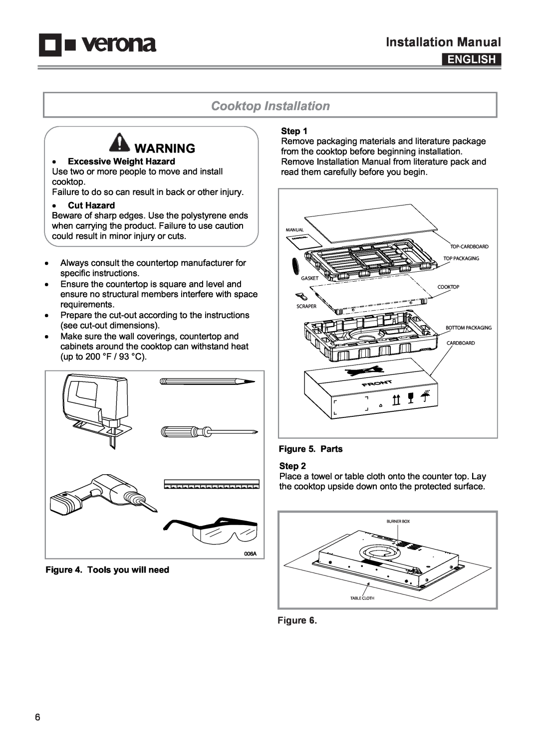 Verona VECTIM304 Cooktop Installation, Installation Manual, English, Excessive Weight Hazard, Cut Hazard, Parts Step 