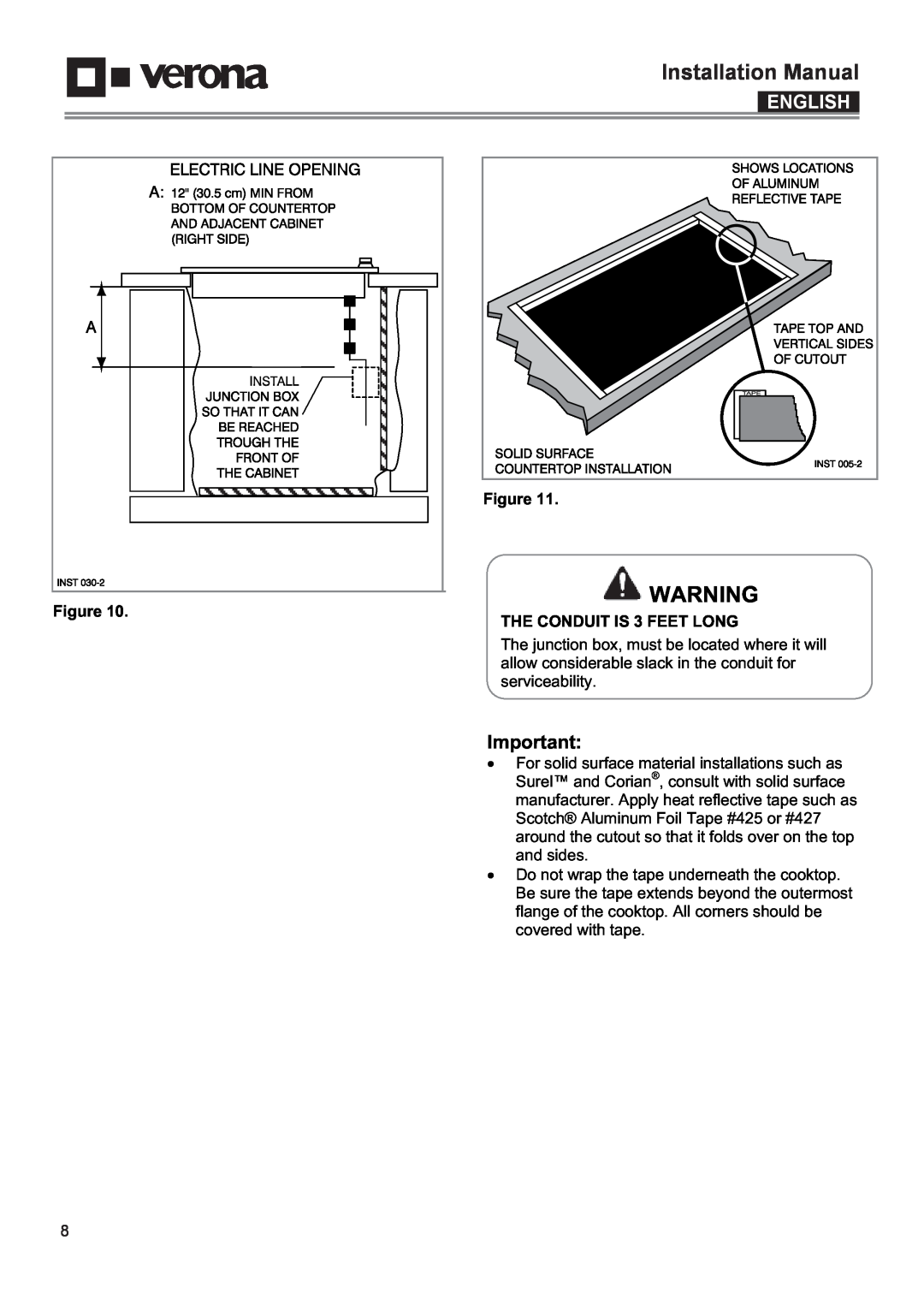 Verona VECTIM304, VECTIM365 manual THE CONDUIT IS 3 FEET LONG, Installation Manual, English 