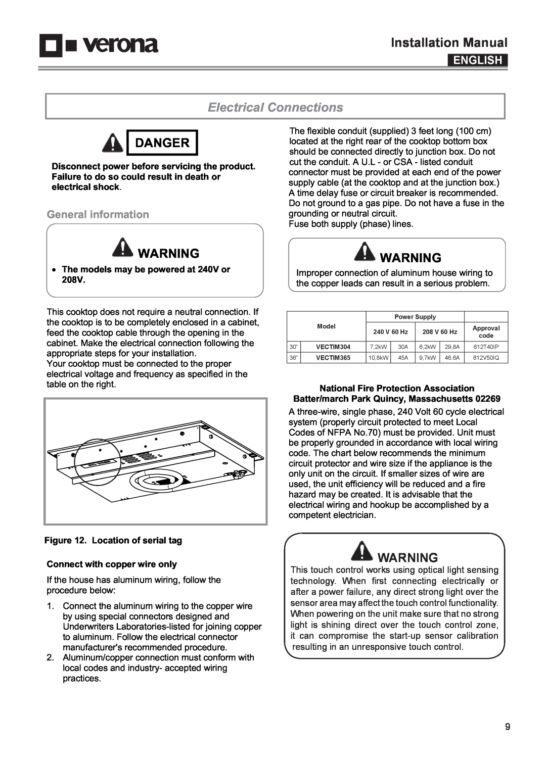 Verona VECTIM365 Electrical Connections, General information, Installation Manual, Danger, English, Location of serial tag 