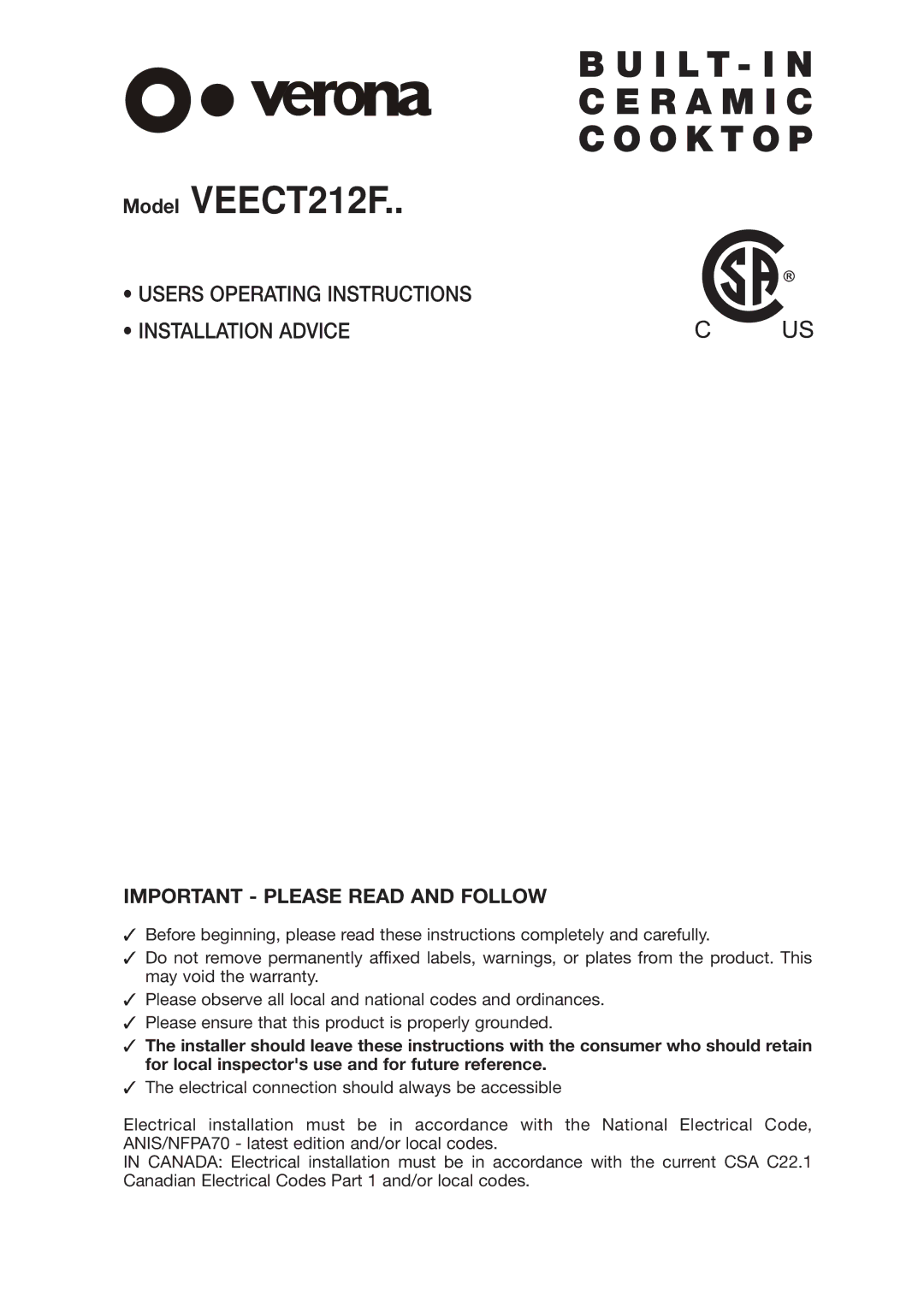 Verona operating instructions Model VEECT212F 