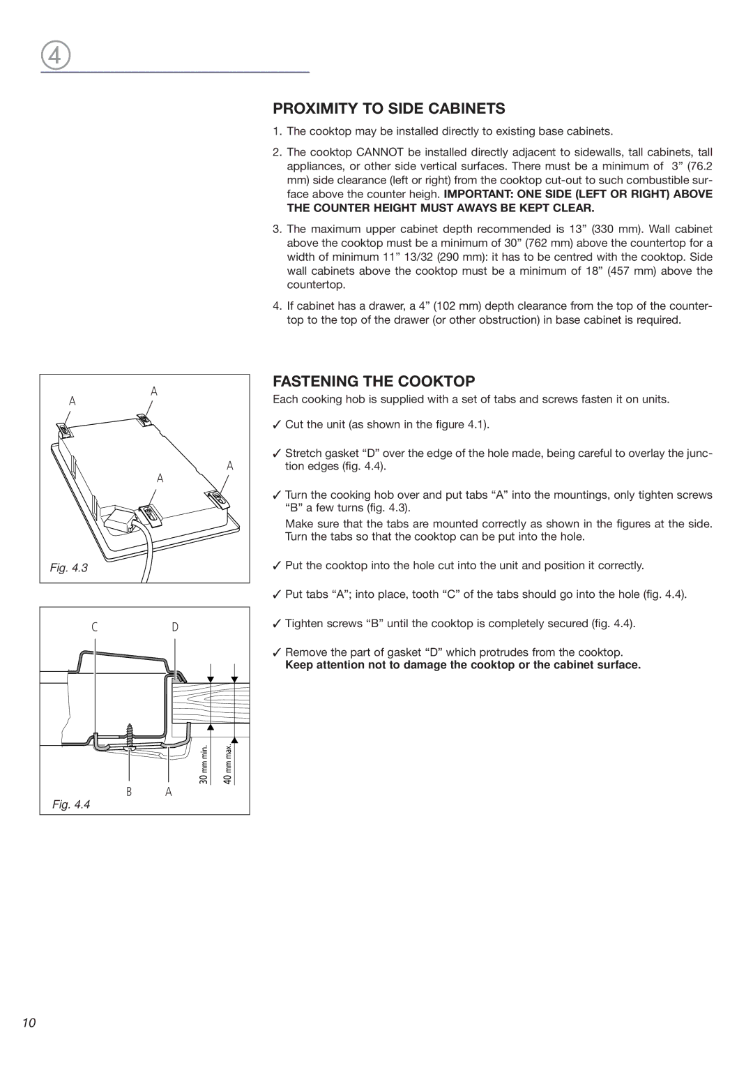 Verona VEECT212F operating instructions Proximity to Side Cabinets, Fastening the Cooktop 