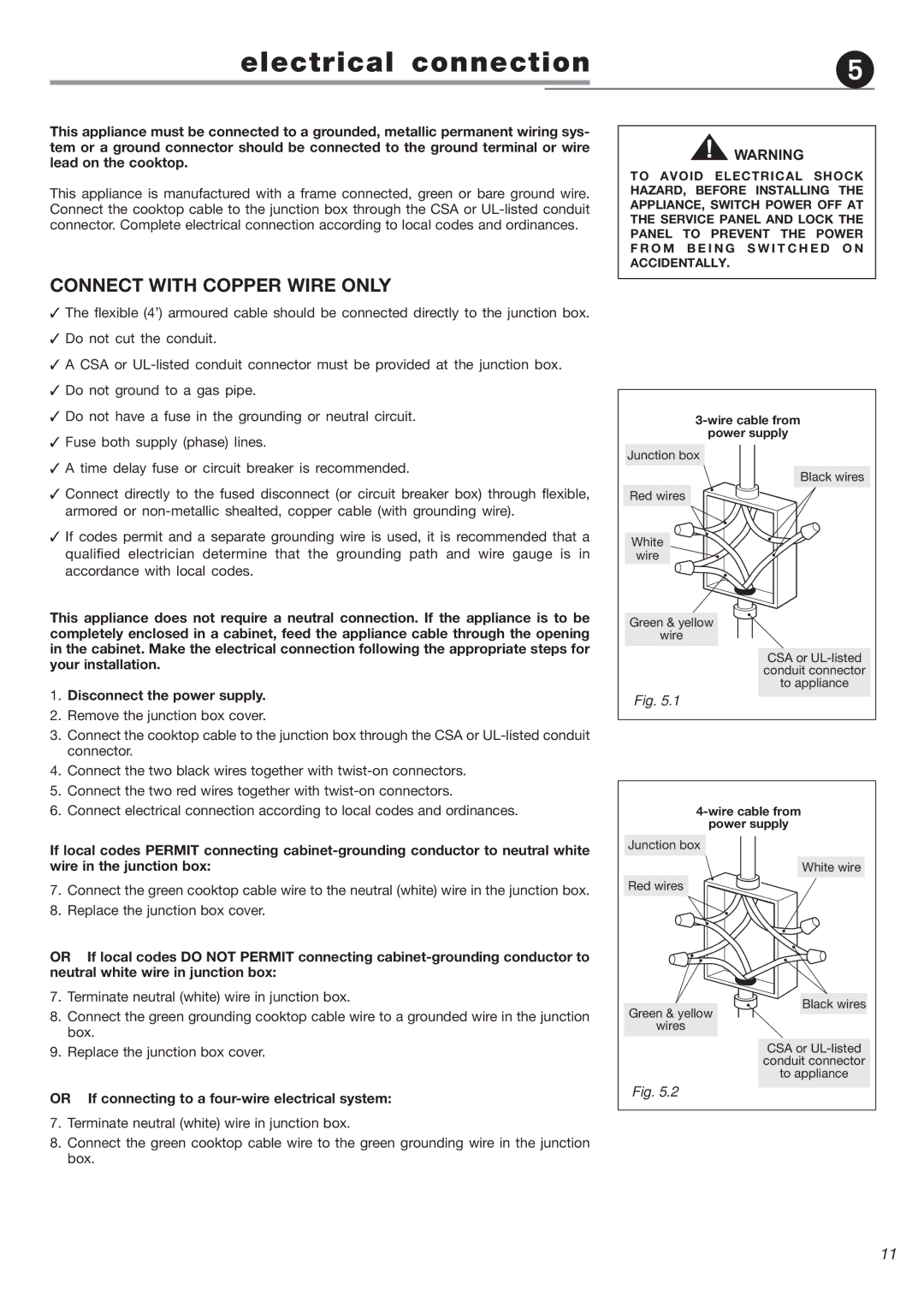 Verona VEECT212F operating instructions Electrical connection, Connect with Copper Wire only 