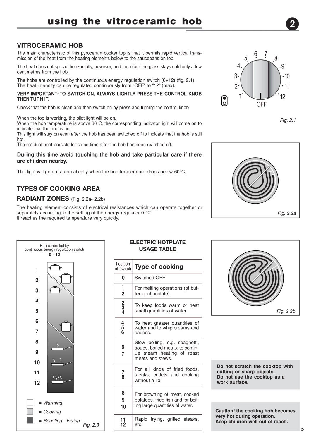 Verona VEECT212F operating instructions Using the vitroceramic hob, Vitroceramic HOB, Types of Cooking Area 