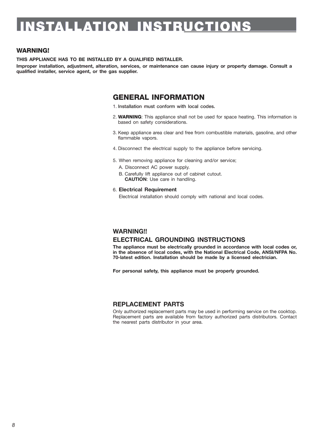 Verona VEECT212F operating instructions Electrical Grounding Instructions, Replacement Parts 