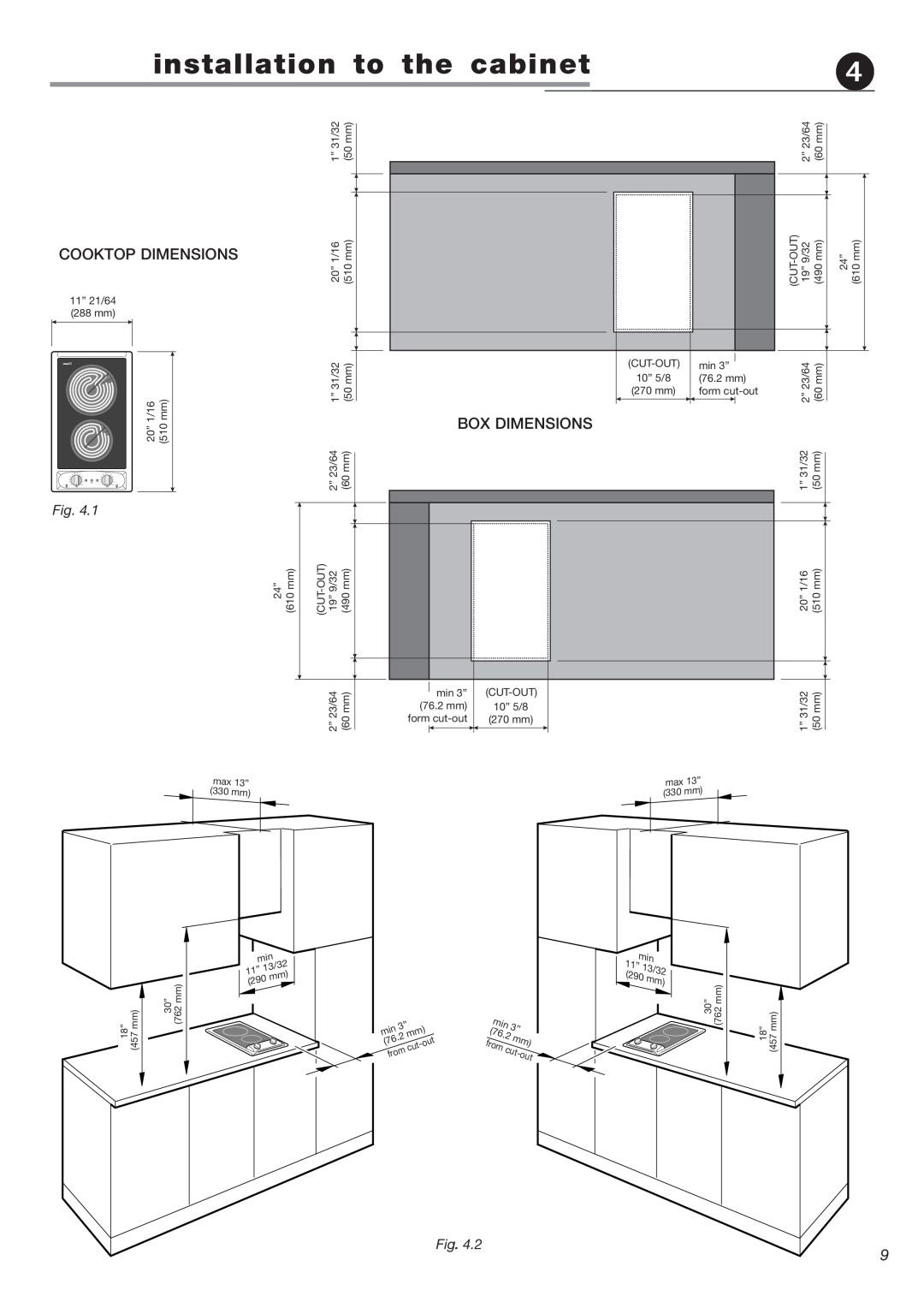 Verona VEECT212F operating instructions installation to the cabinet, Cooktop Dimensions, Box Dimensions, from 