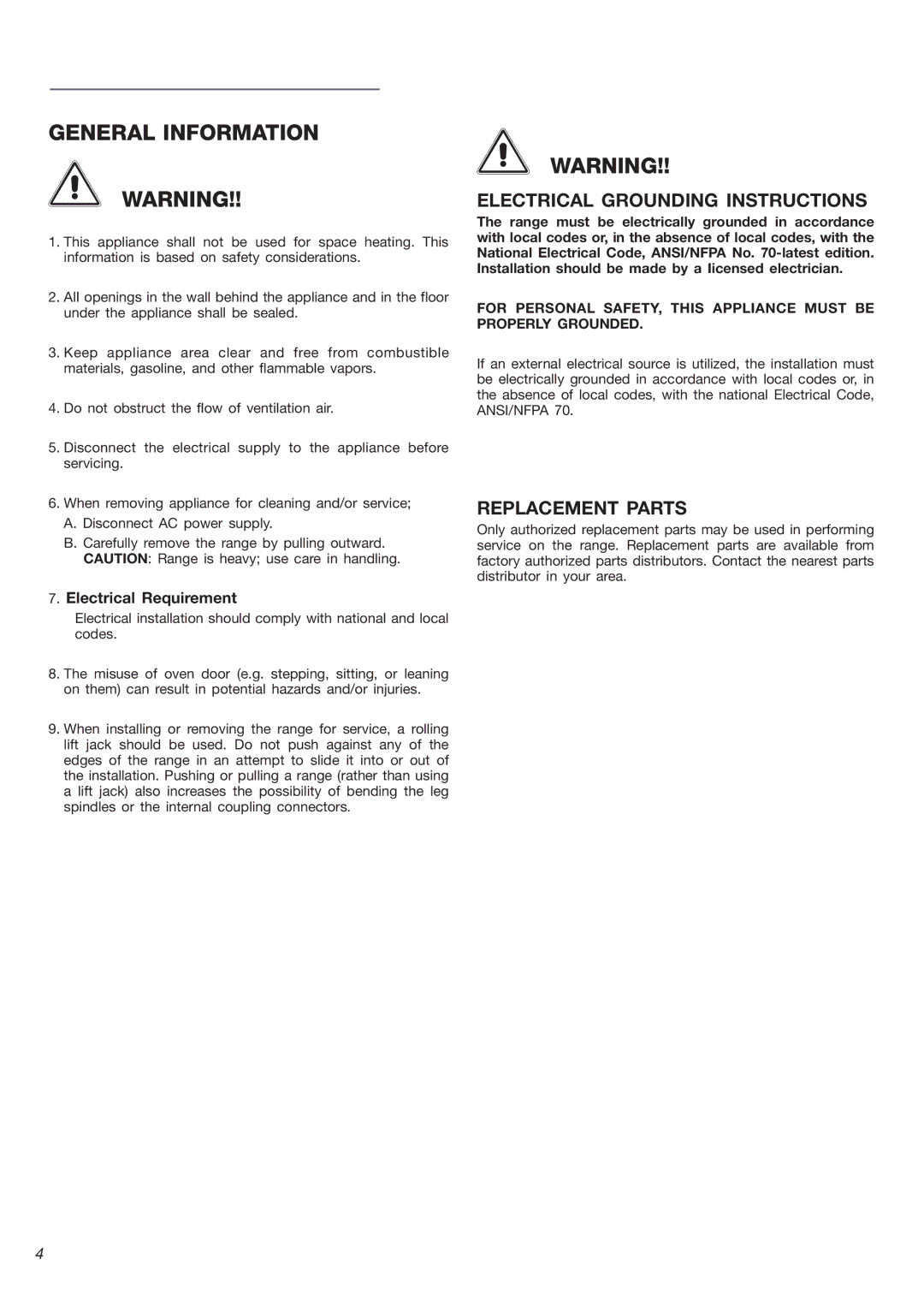 Verona VEFSEE 244 P warranty Electrical Grounding Instructions, Replacement Parts 