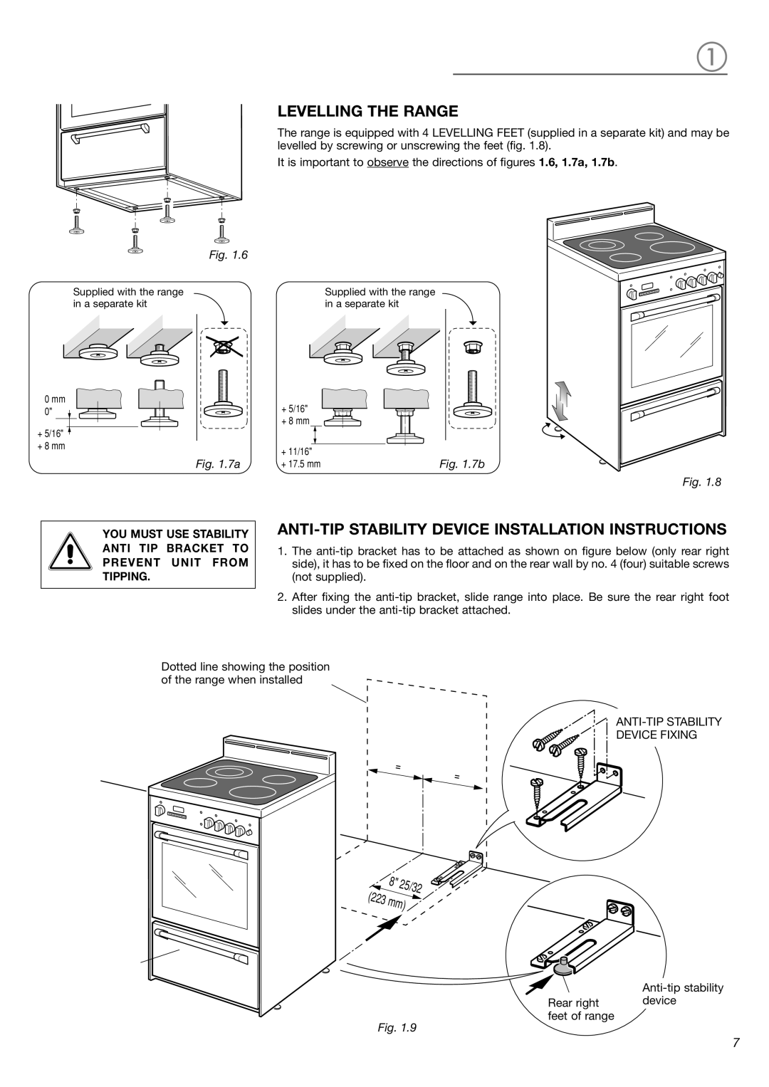 Verona VEFSEE 244 P warranty Levelling the Range, ANTI-TIP Stability Device Installation Instructions 