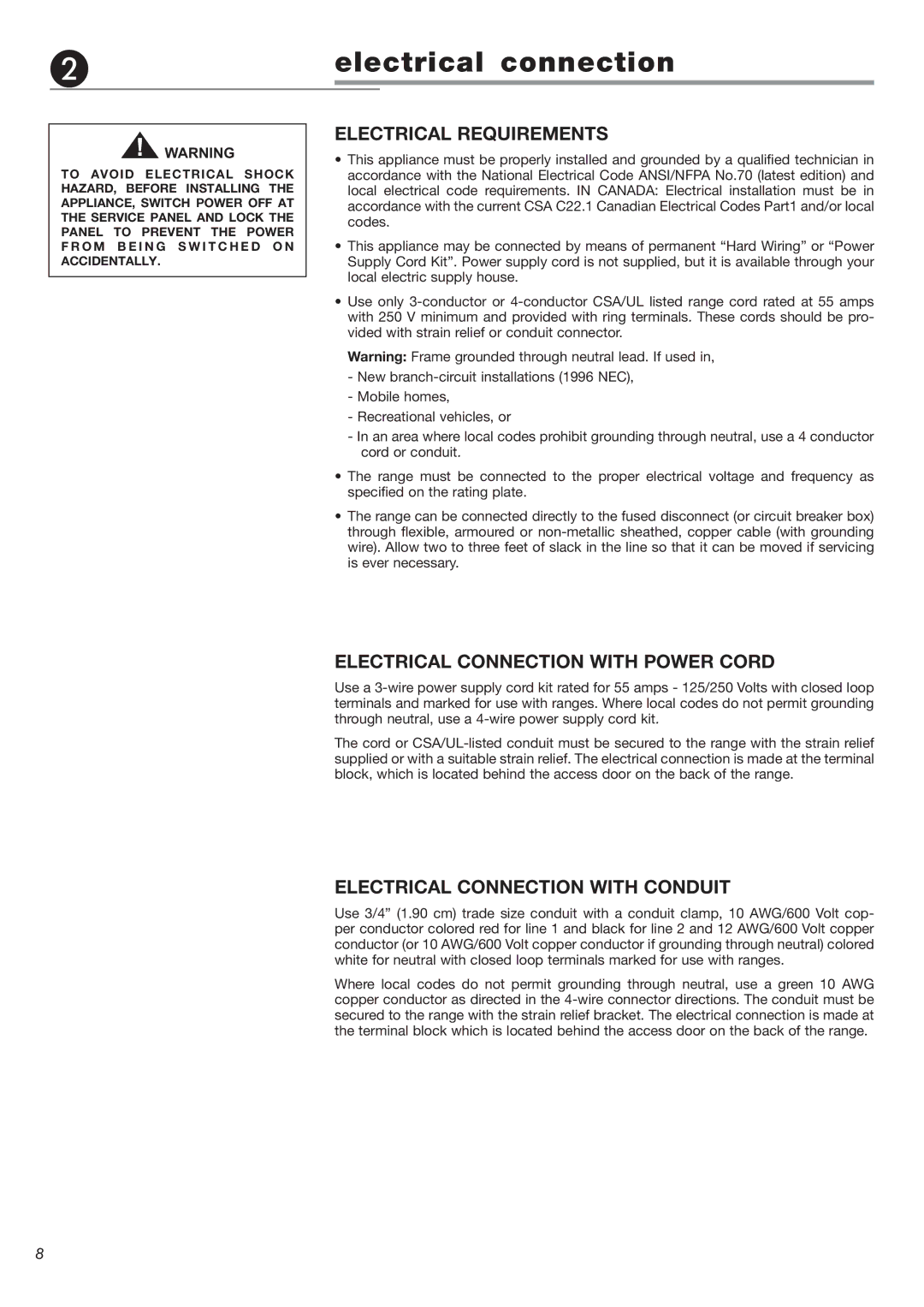 Verona VEFSEE 244 P Electrical Requirements, Electrical Connection with Power Cord, Electrical Connection with Conduit 